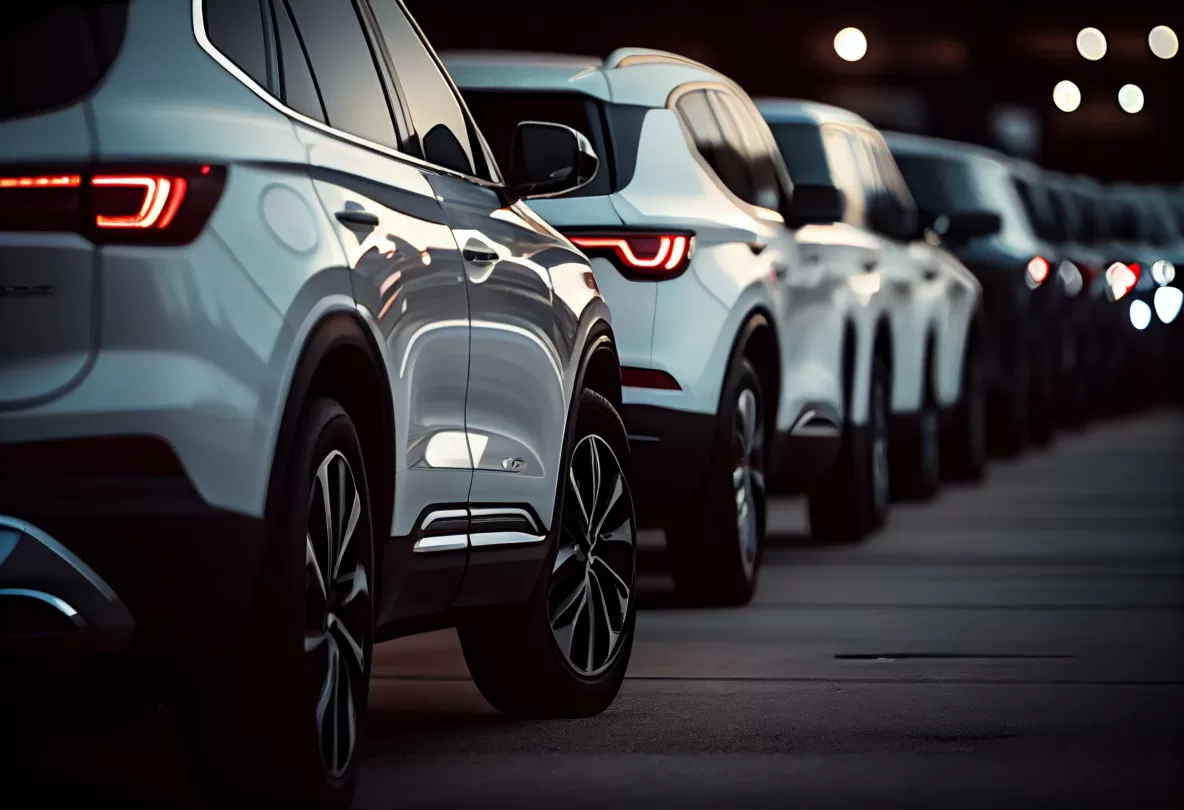 White generic fleet SUVs parked in a lot, side closeup on front
