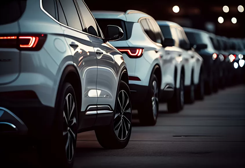 White generic fleet SUVs parked in a lot, side closeup on front